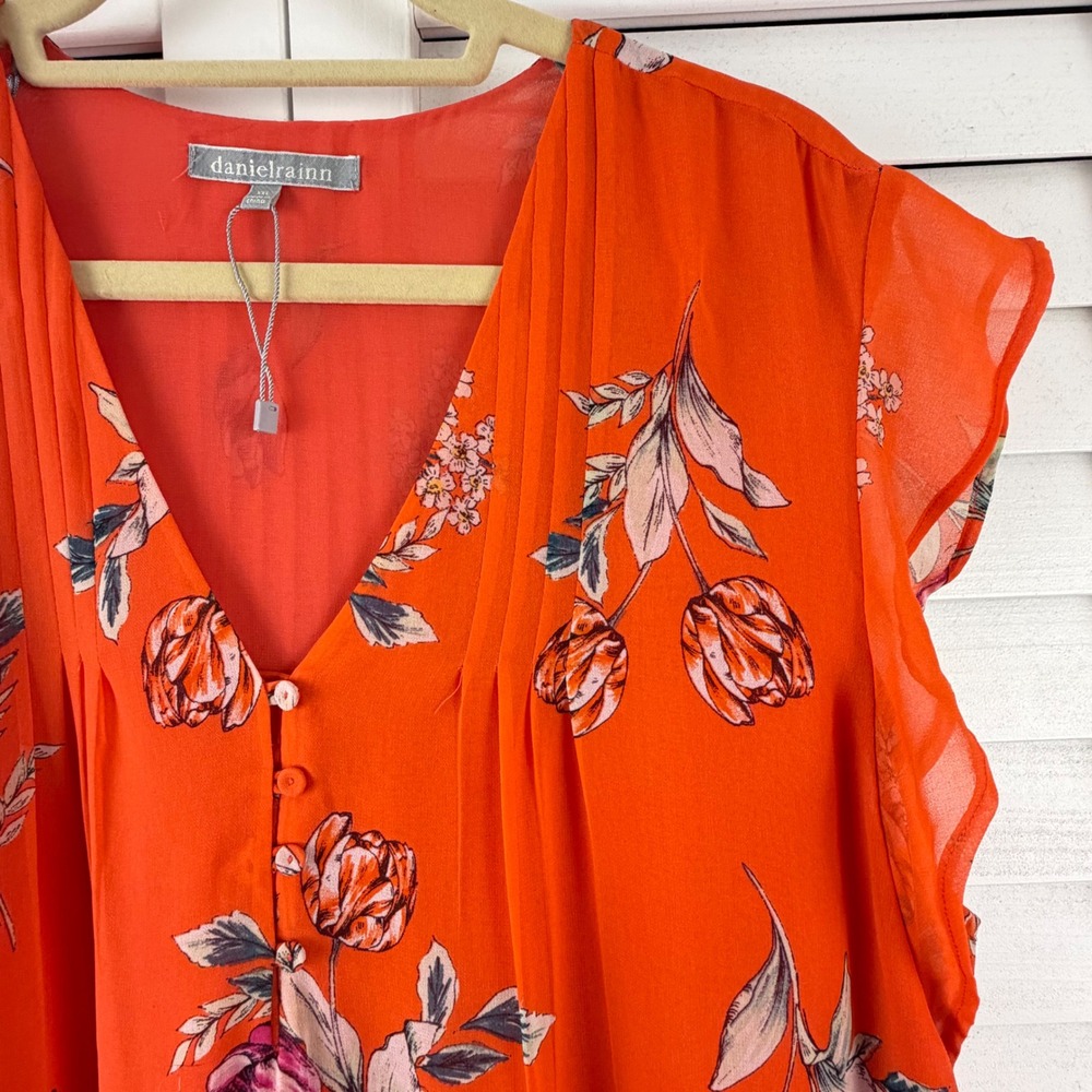 Daniel Rainn Floral Flutter Sleeve Blouse Women XXL Orange NEW - Picture 2 of 15